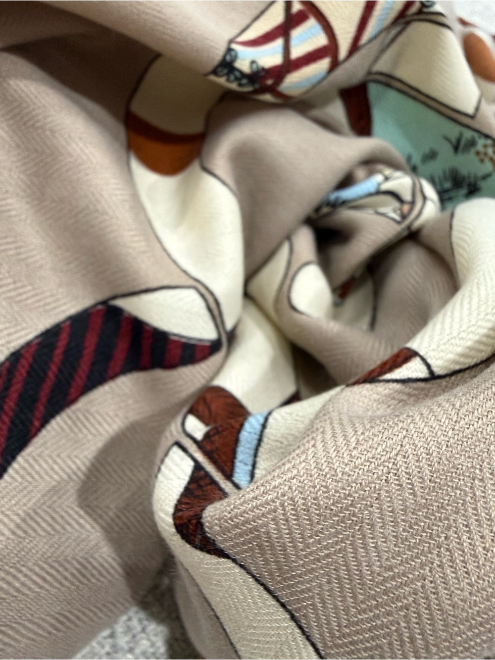 Neutral Beige Printed Silk & Cashmere Scarf with Equestrian Motif - Picture 12 of 14